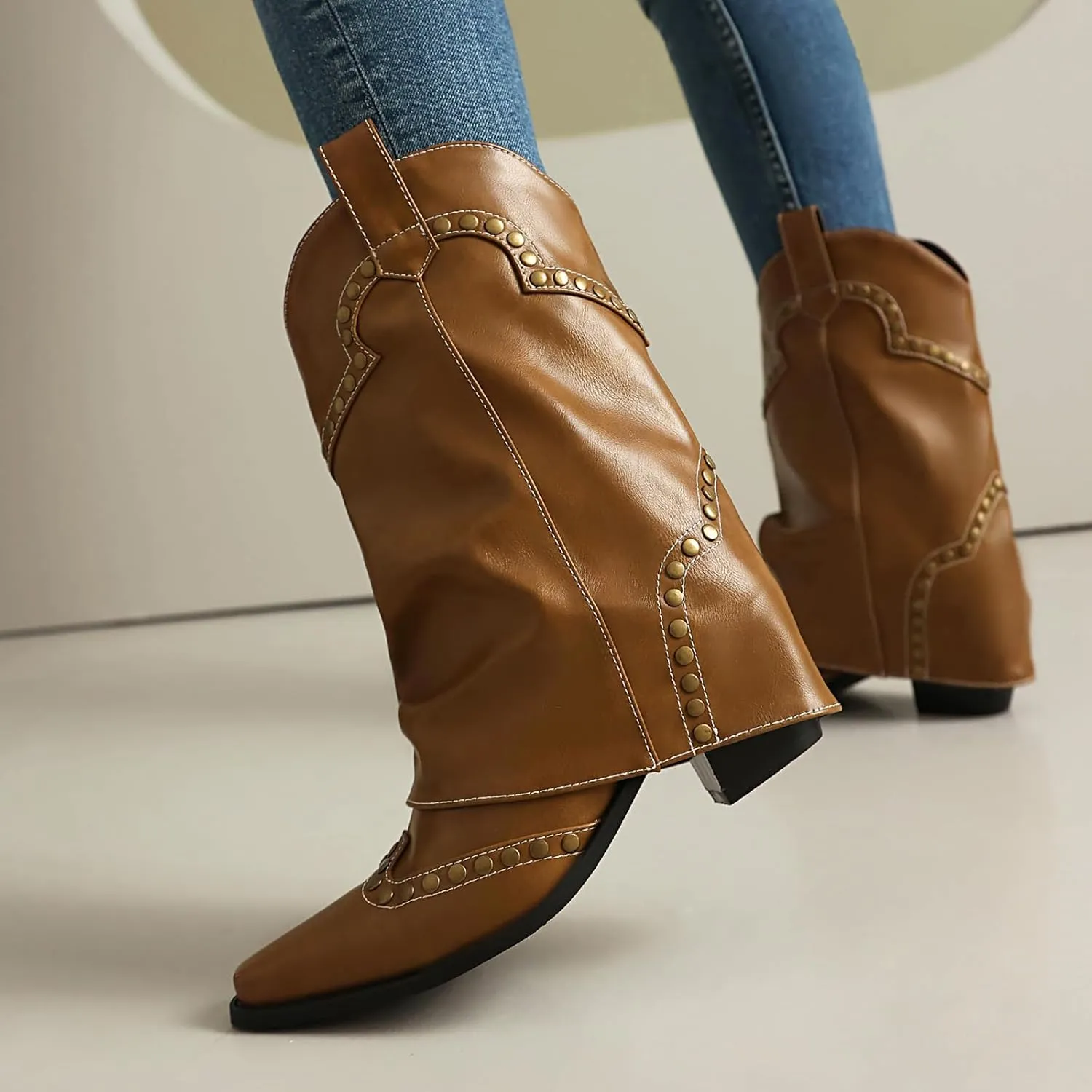 Women's Fold Over Studded Ankle Boots Chunky Block Heels Pull on Pointed Toe Dress Tall Boots