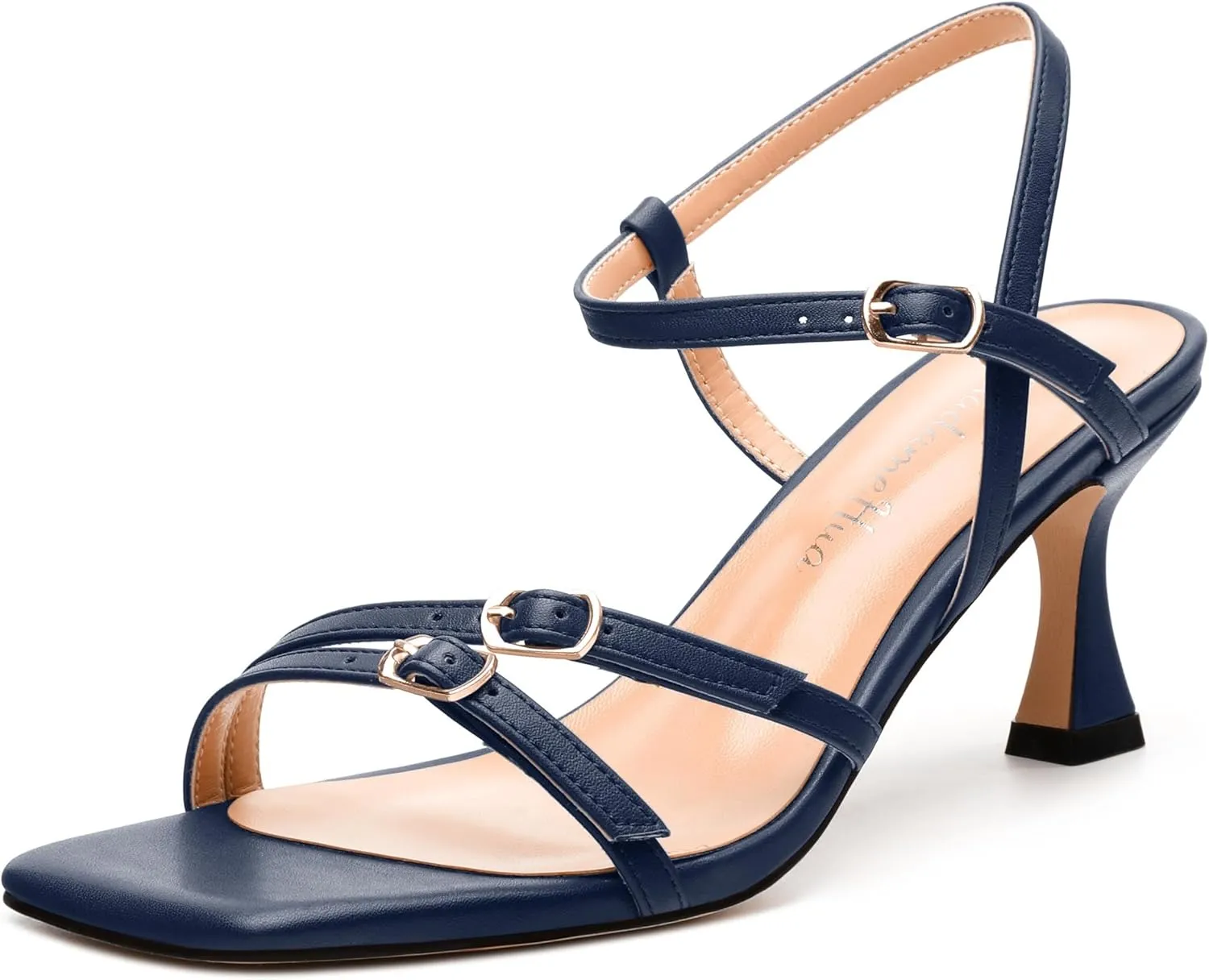Women's Heeled Sandals, Square Open Toe Strappy Kitten Heels Ankle Strap Dress Sandals for Women
