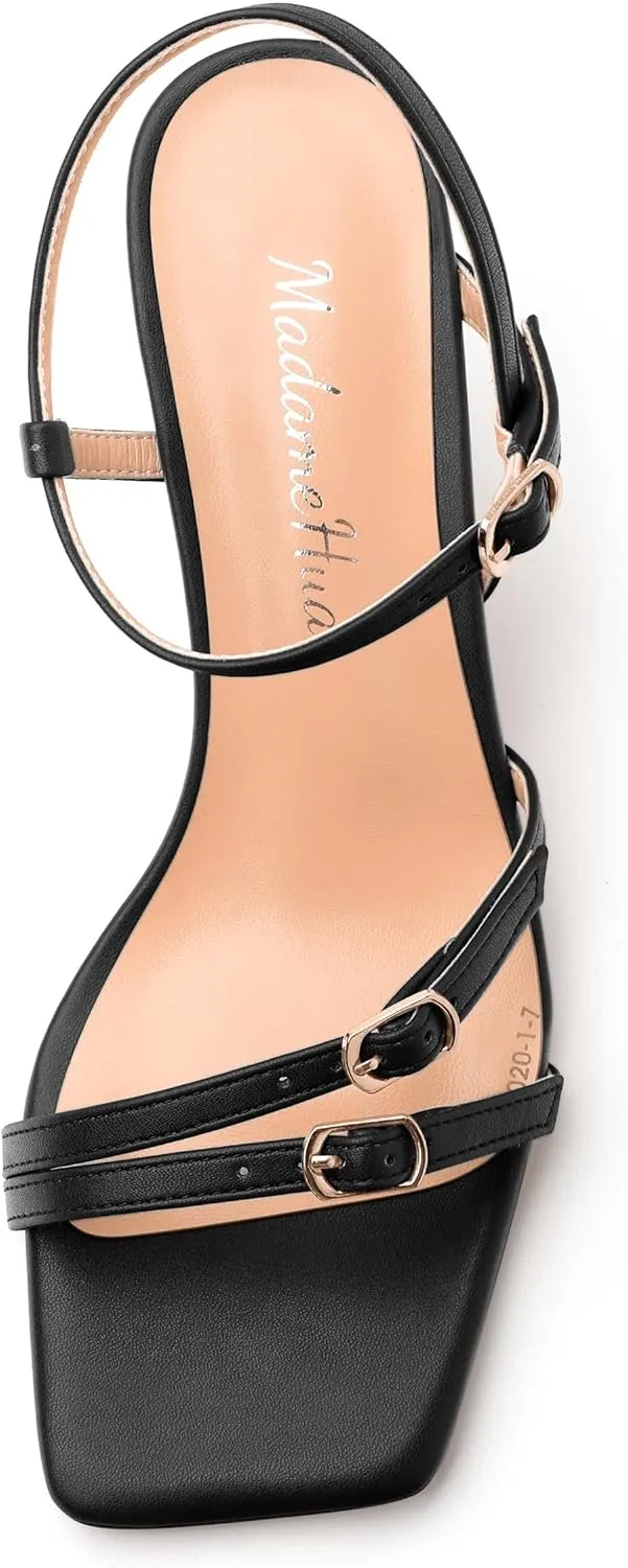 Women's Heeled Sandals, Square Open Toe Strappy Kitten Heels Ankle Strap Dress Sandals for Women