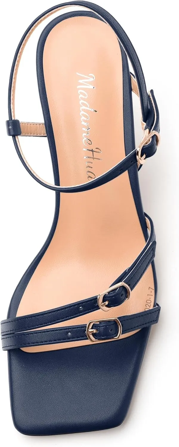 Women's Heeled Sandals, Square Open Toe Strappy Kitten Heels Ankle Strap Dress Sandals for Women