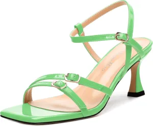 Women's Heeled Sandals, Square Open Toe Strappy Kitten Heels Ankle Strap Dress Sandals for Women
