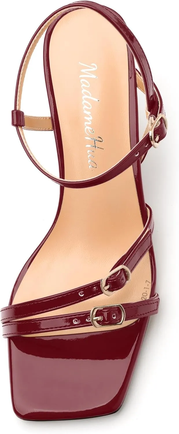 Women's Heeled Sandals, Square Open Toe Strappy Kitten Heels Ankle Strap Dress Sandals for Women