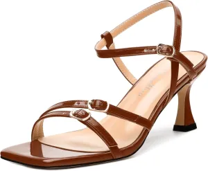 Women's Heeled Sandals, Square Open Toe Strappy Kitten Heels Ankle Strap Dress Sandals for Women