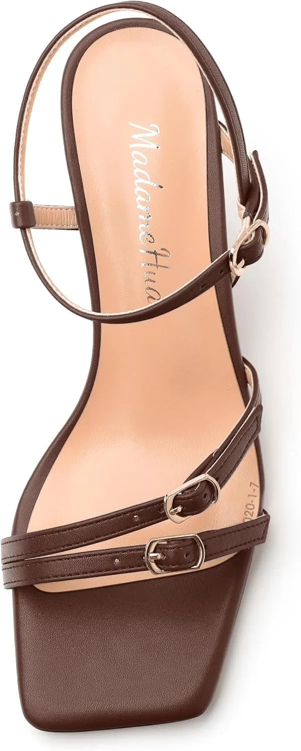 Women's Heeled Sandals, Square Open Toe Strappy Kitten Heels Ankle Strap Dress Sandals for Women
