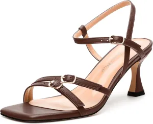 Women's Heeled Sandals, Square Open Toe Strappy Kitten Heels Ankle Strap Dress Sandals for Women