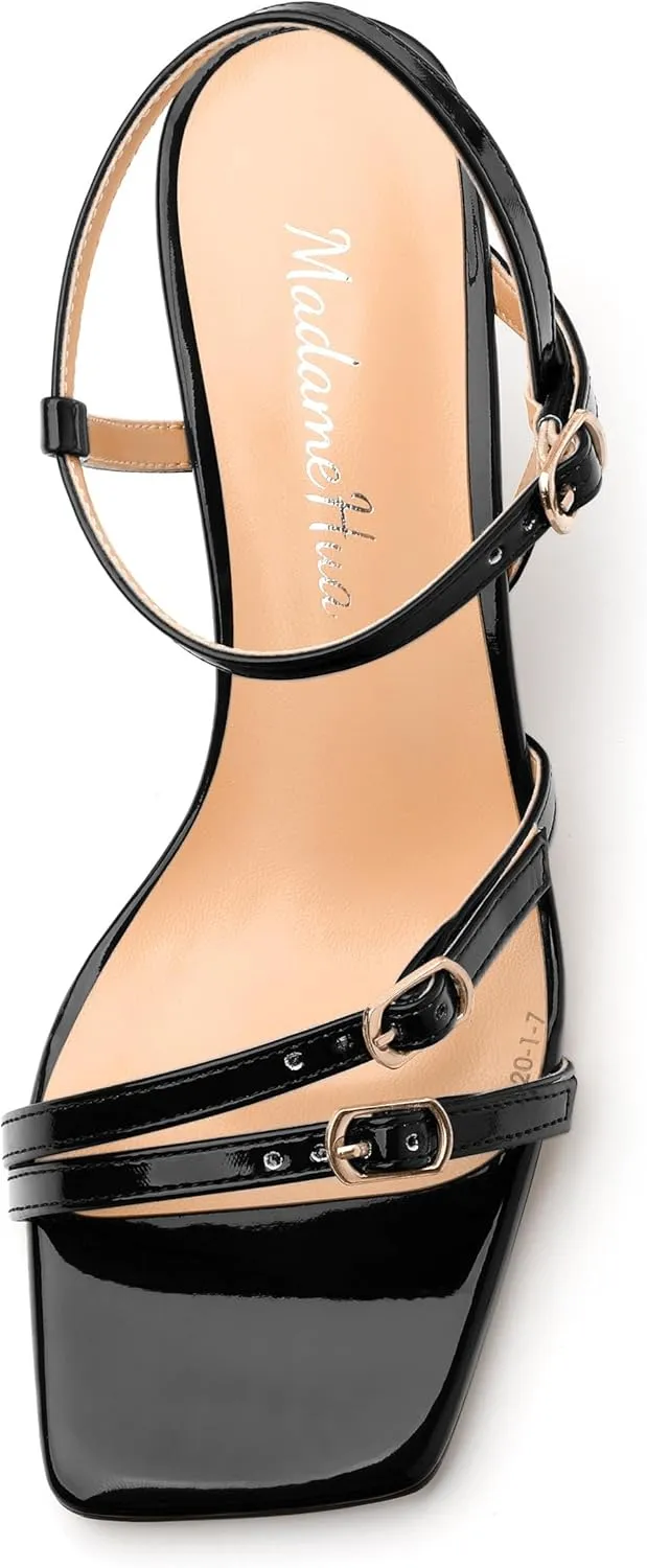 Women's Heeled Sandals, Square Open Toe Strappy Kitten Heels Ankle Strap Dress Sandals for Women