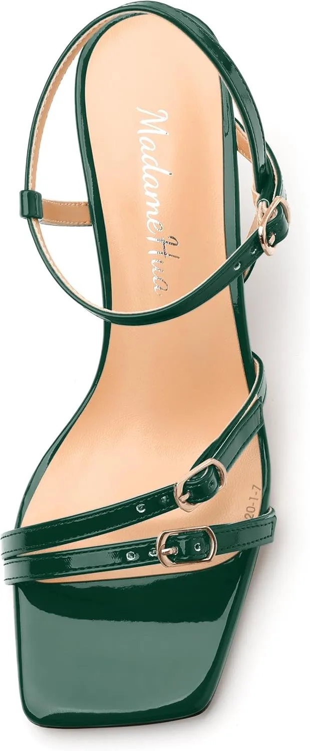 Women's Heeled Sandals, Square Open Toe Strappy Kitten Heels Ankle Strap Dress Sandals for Women