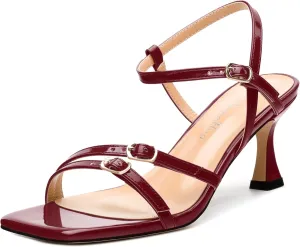 Women's Heeled Sandals, Square Open Toe Strappy Kitten Heels Ankle Strap Dress Sandals for Women