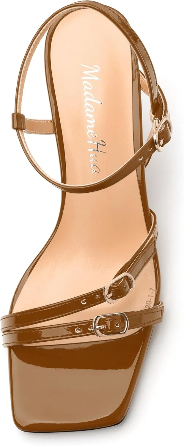 Women's Heeled Sandals, Square Open Toe Strappy Kitten Heels Ankle Strap Dress Sandals for Women