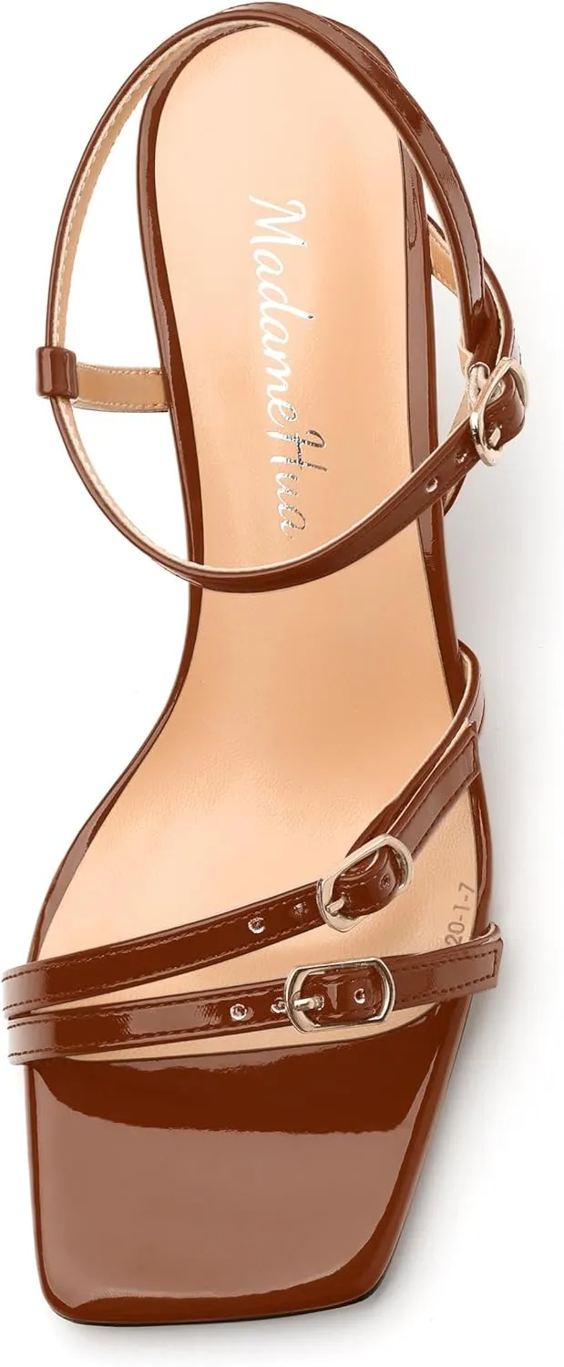 Women's Heeled Sandals, Square Open Toe Strappy Kitten Heels Ankle Strap Dress Sandals for Women