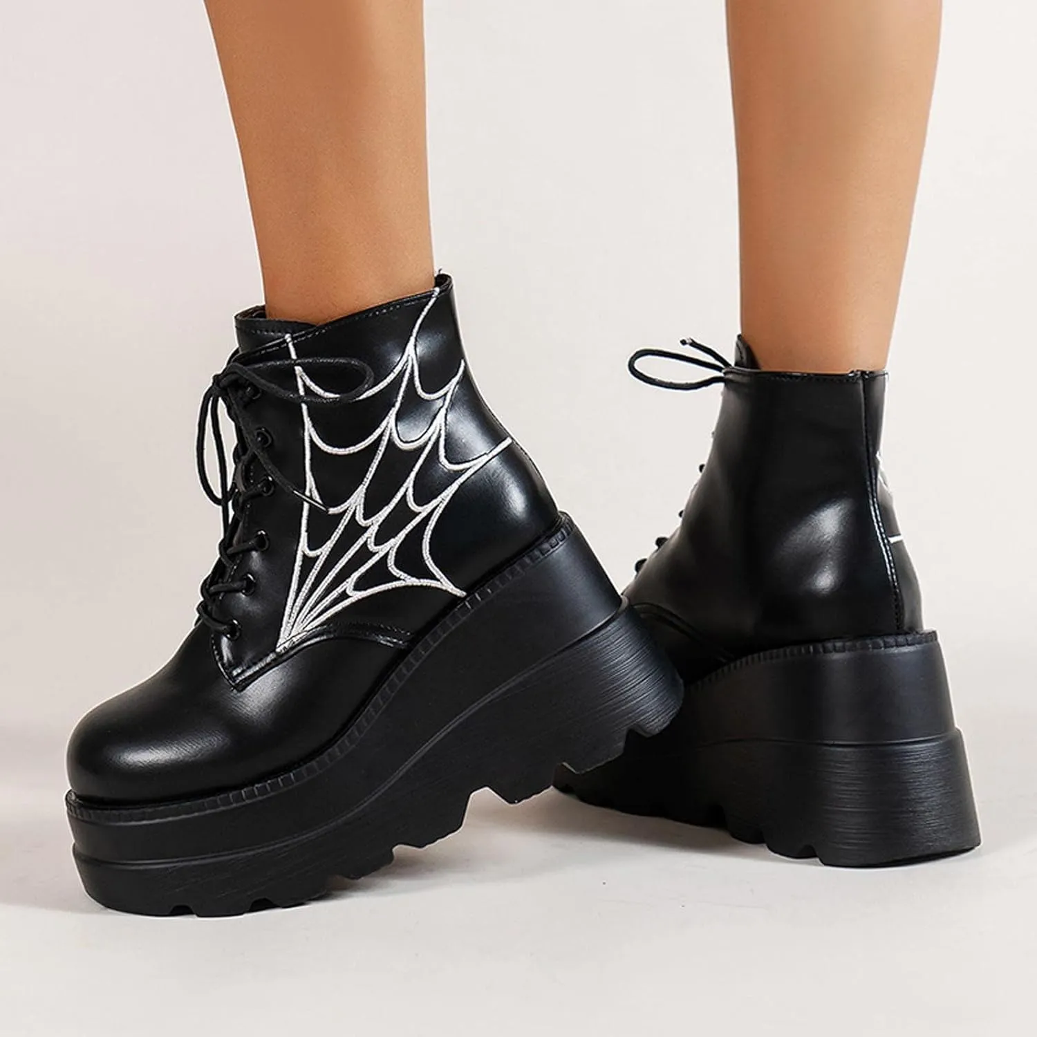 Womens High Platform Goth Ankle Booties Wedges Chunky High Heel Round-Toe Lace up Punk Combat Boots for Women