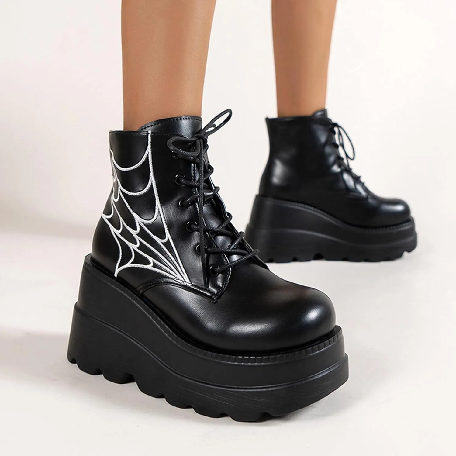 Womens High Platform Goth Ankle Booties Wedges Chunky High Heel Round-Toe Lace up Punk Combat Boots for Women