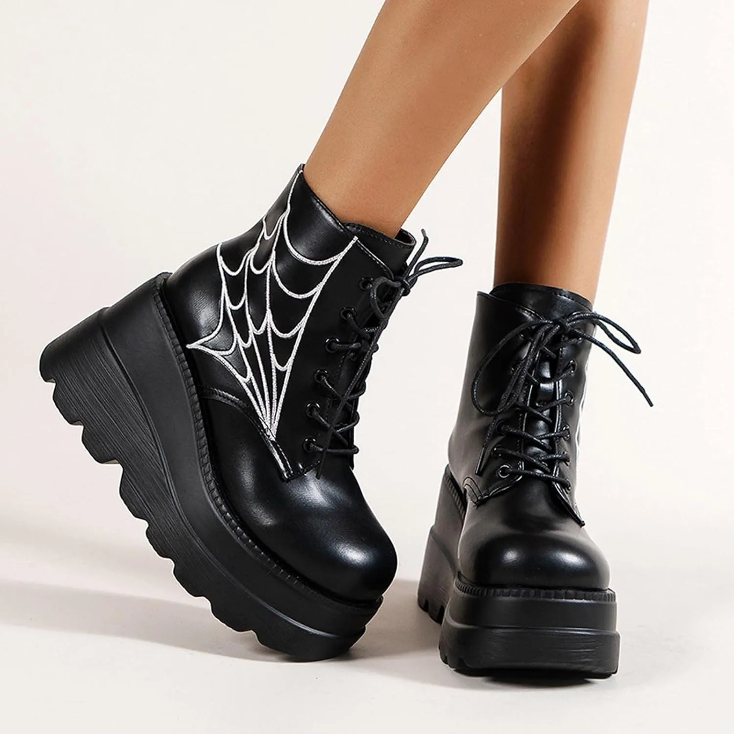 Womens High Platform Goth Ankle Booties Wedges Chunky High Heel Round-Toe Lace up Punk Combat Boots for Women