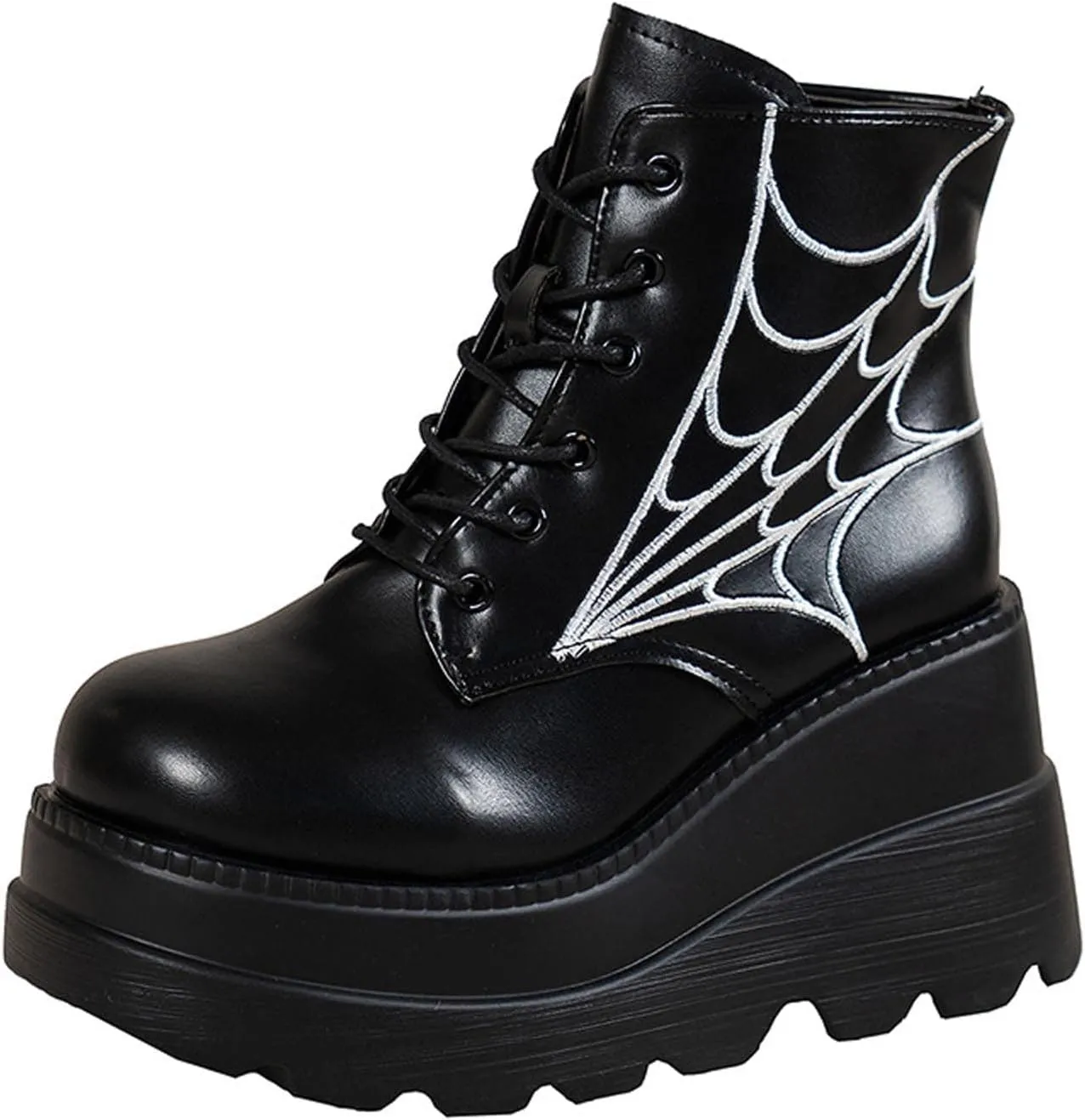 Womens High Platform Goth Ankle Booties Wedges Chunky High Heel Round-Toe Lace up Punk Combat Boots for Women