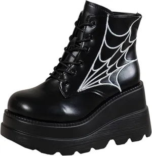 Womens High Platform Goth Ankle Booties Wedges Chunky High Heel Round-Toe Lace up Punk Combat Boots for Women