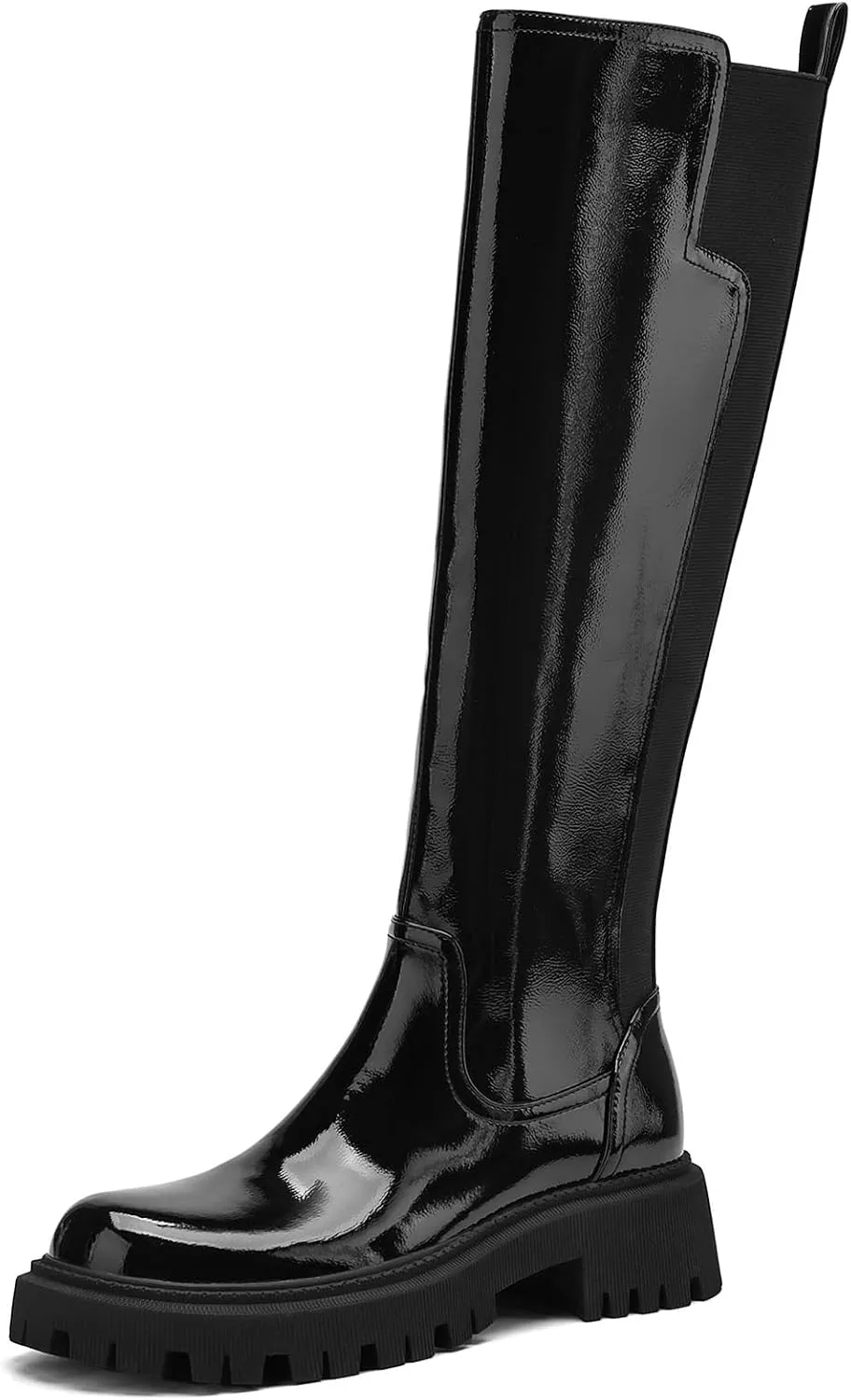 Women's Knee High Boots Fashion Platform Lug Sole Tall Riding Boots Comfortable Stretch Calf Dress Long Boots