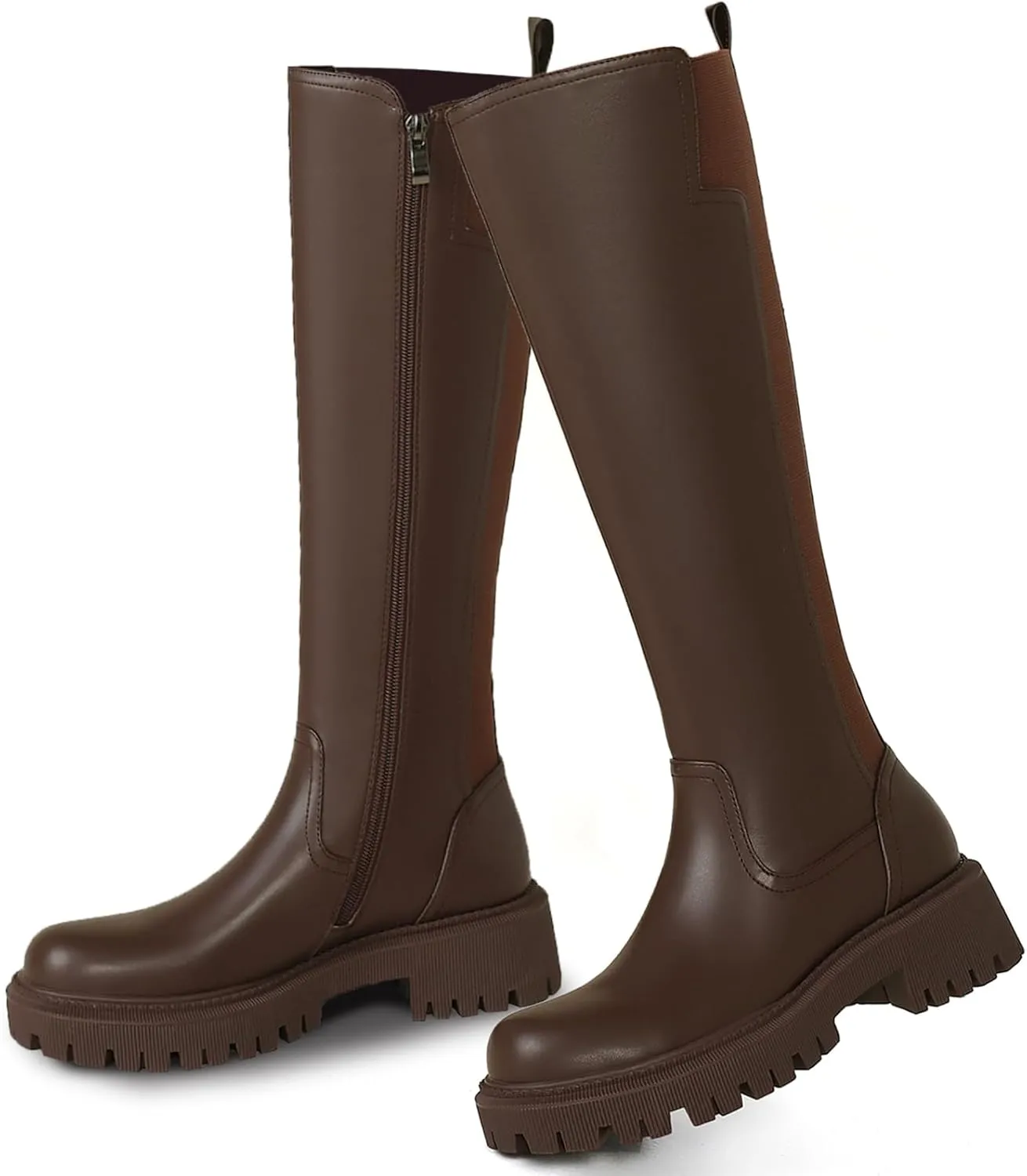 Women's Knee High Boots Platform Lug Sole Boots Stretch Round Toe Riding Boots Comfortable Calf Dress Long Boots