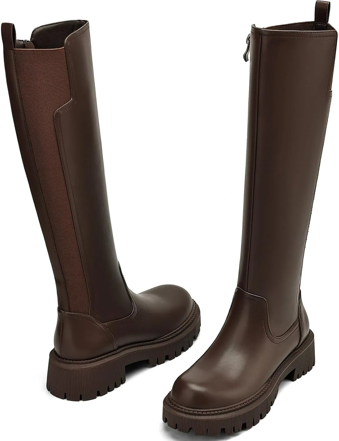 Women's Knee High Boots Platform Lug Sole Boots Stretch Round Toe Riding Boots Comfortable Calf Dress Long Boots