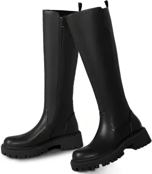 Women's Knee High Boots Platform Lug Sole Boots Stretch Round Toe Riding Boots Comfortable Calf Dress Long Boots