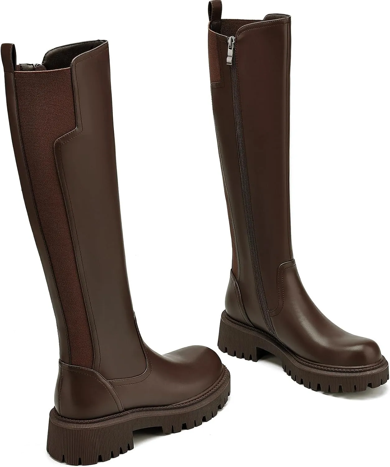 Women's Knee High Boots Platform Lug Sole Boots Stretch Round Toe Riding Boots Comfortable Calf Dress Long Boots