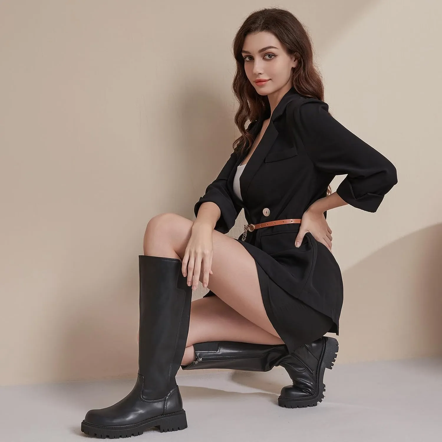 Women's Knee High Boots Platform Lug Sole Boots Stretch Round Toe Riding Boots Comfortable Calf Dress Long Boots