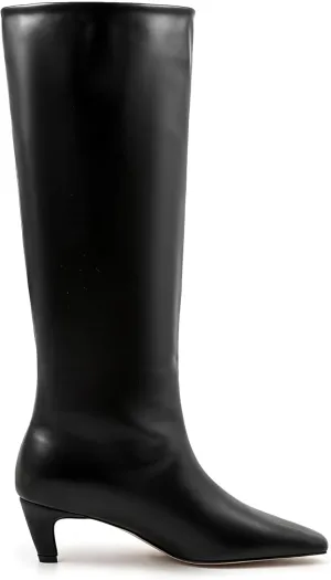 Women's Knee High Square Toe Kitten Heels Tall Leather Rubber Sole Pull On Boots