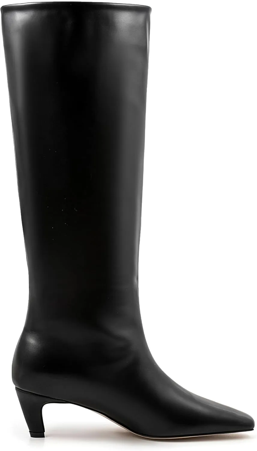 Women's Knee High Square Toe Kitten Heels Tall Leather Rubber Sole Pull On Boots