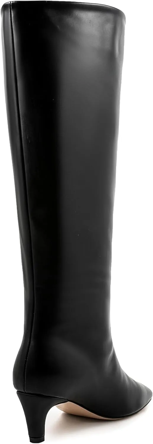 Women's Knee High Square Toe Kitten Heels Tall Leather Rubber Sole Pull On Boots