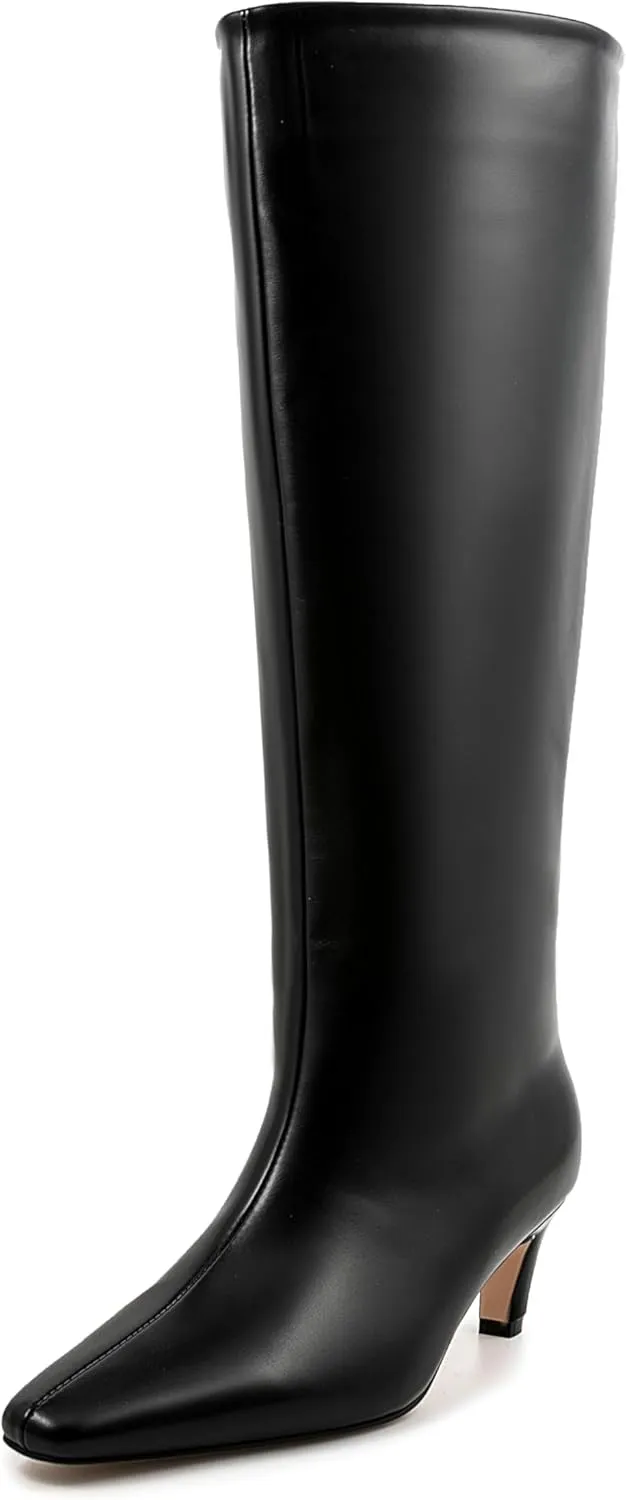 Women's Knee High Square Toe Kitten Heels Tall Leather Rubber Sole Pull On Boots