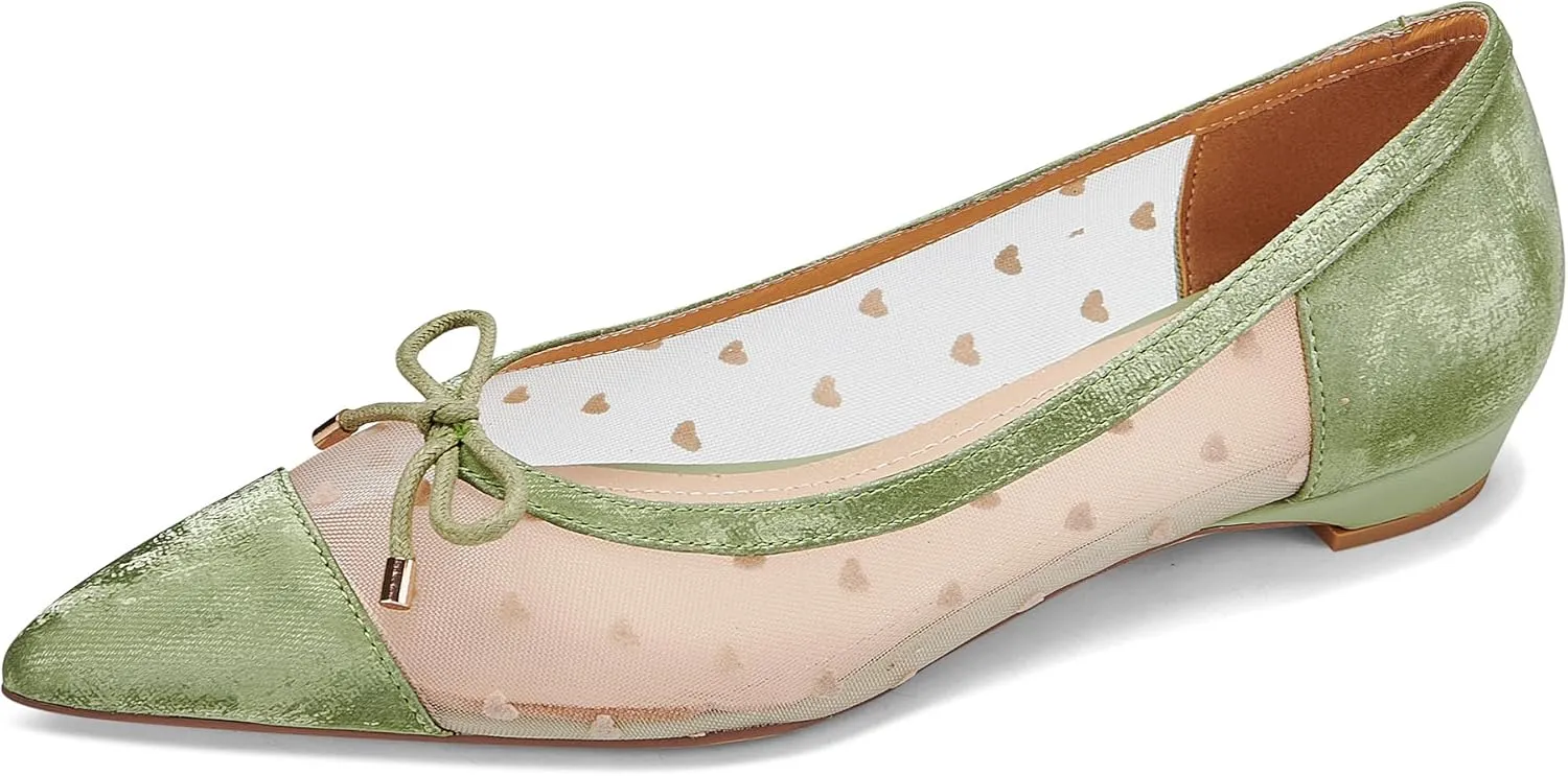 Womens Mesh Ballet Flats Retro Slip on Embroidered Pointed Toe Flats Comfortable Pointy Low Heel Bow Dress Shoes