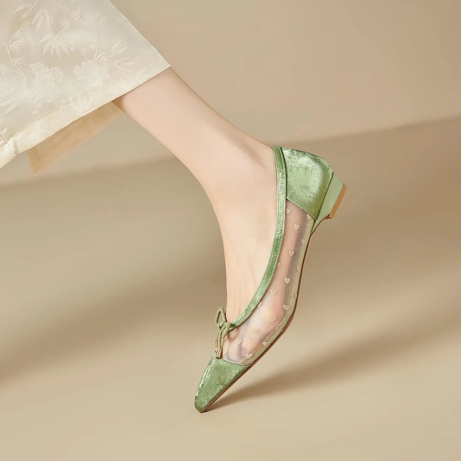 Womens Mesh Ballet Flats Retro Slip on Embroidered Pointed Toe Flats Comfortable Pointy Low Heel Bow Dress Shoes