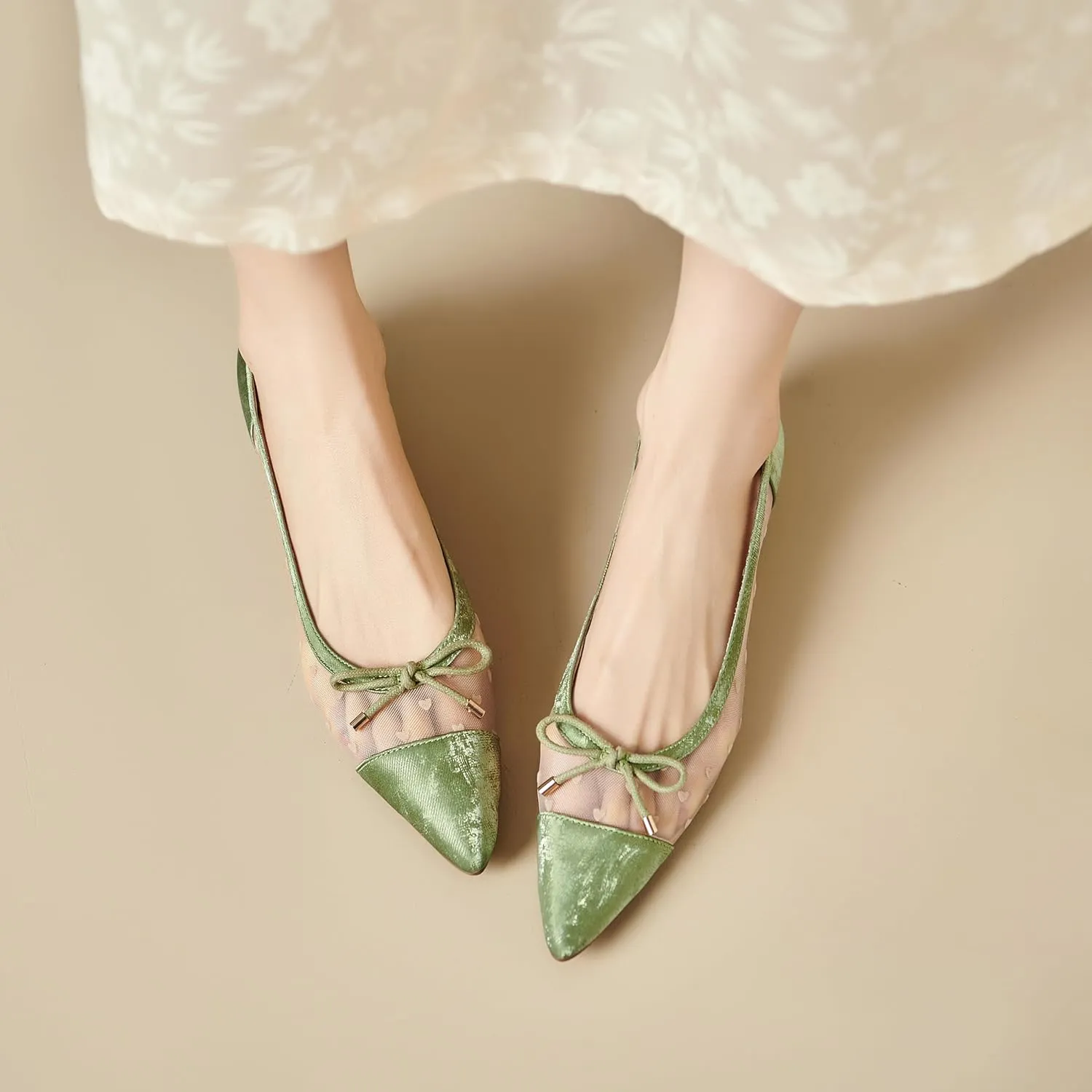 Womens Mesh Ballet Flats Retro Slip on Embroidered Pointed Toe Flats Comfortable Pointy Low Heel Bow Dress Shoes