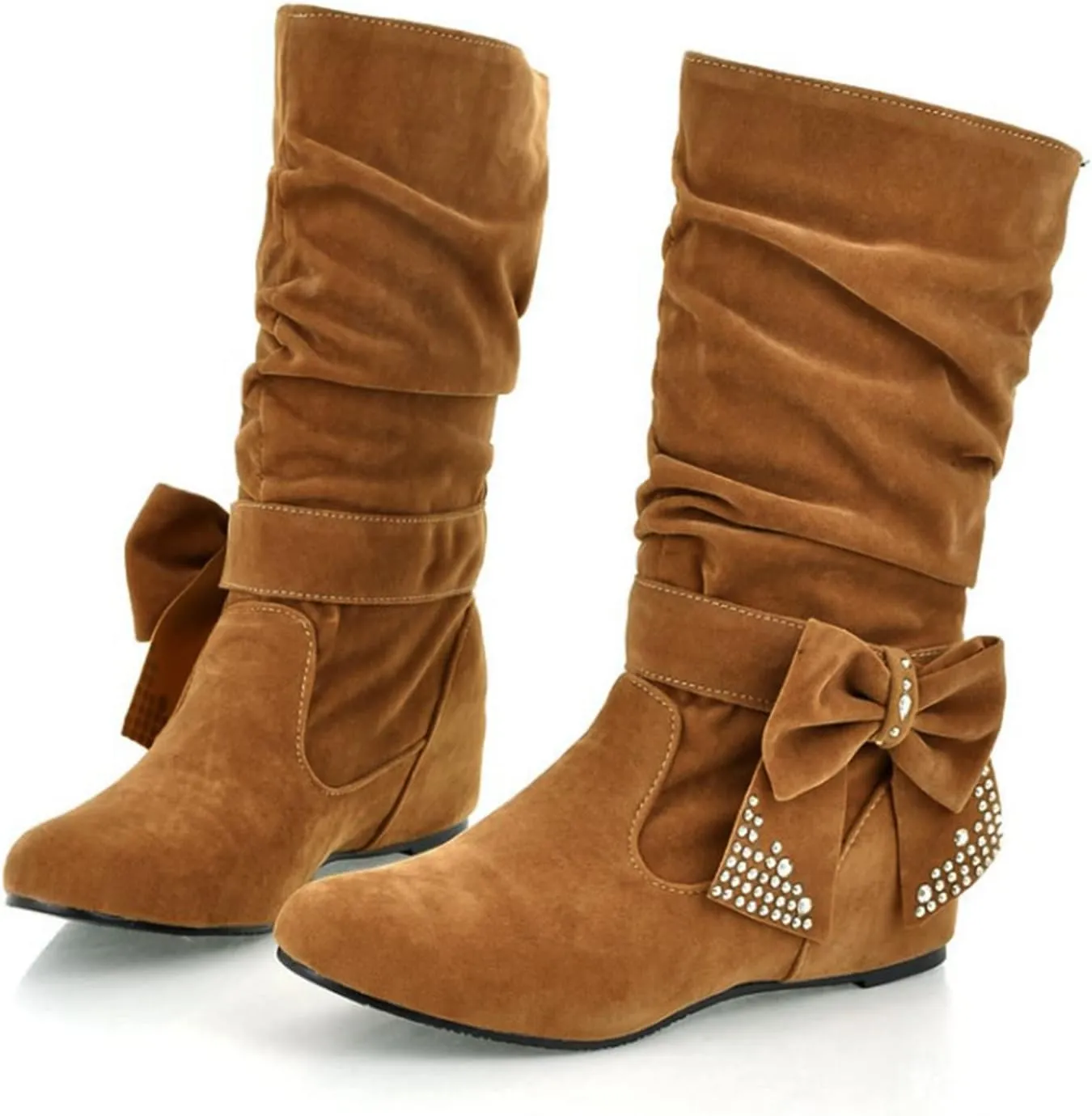 Womens Mid Calf Boots Slouchy Suede, Round Toe Fashion Knee High Boot Low Heel Comfy Winter Slip-On Botas Para Mujer Soft Pleated Leather Bootie Pull On
