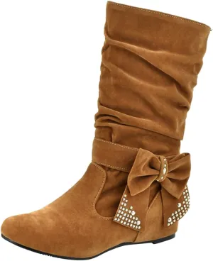 Womens Mid Calf Boots Slouchy Suede, Round Toe Fashion Knee High Boot Low Heel Comfy Winter Slip-On Botas Para Mujer Soft Pleated Leather Bootie Pull On