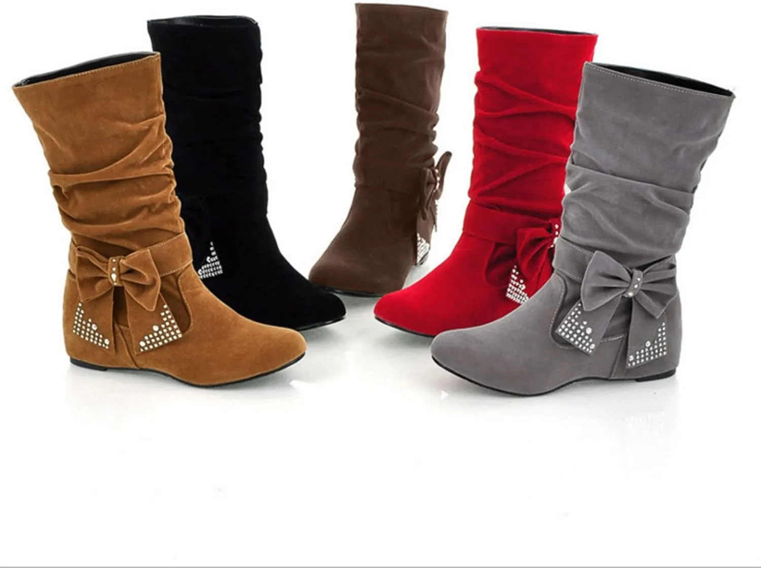 Womens Mid Calf Boots Slouchy Suede, Round Toe Fashion Knee High Boot Low Heel Comfy Winter Slip-On Botas Para Mujer Soft Pleated Leather Bootie Pull On