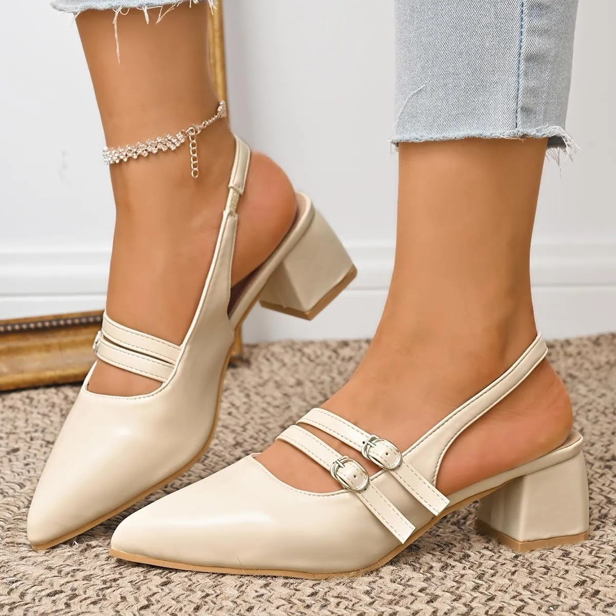 Women's Patent Leather Slingback Chunky Heels Mary Janes Pumps Buckle Closed Toe Low Heel Sandals Dress Evening Party Backless Shoes