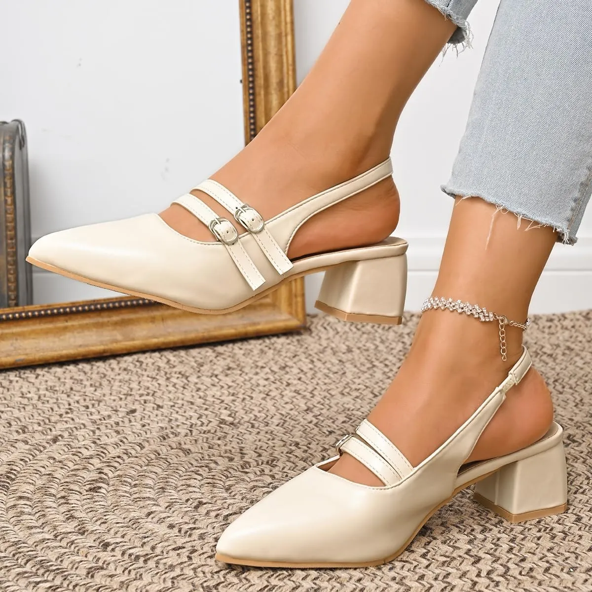 Women's Patent Leather Slingback Chunky Heels Mary Janes Pumps Buckle Closed Toe Low Heel Sandals Dress Evening Party Backless Shoes