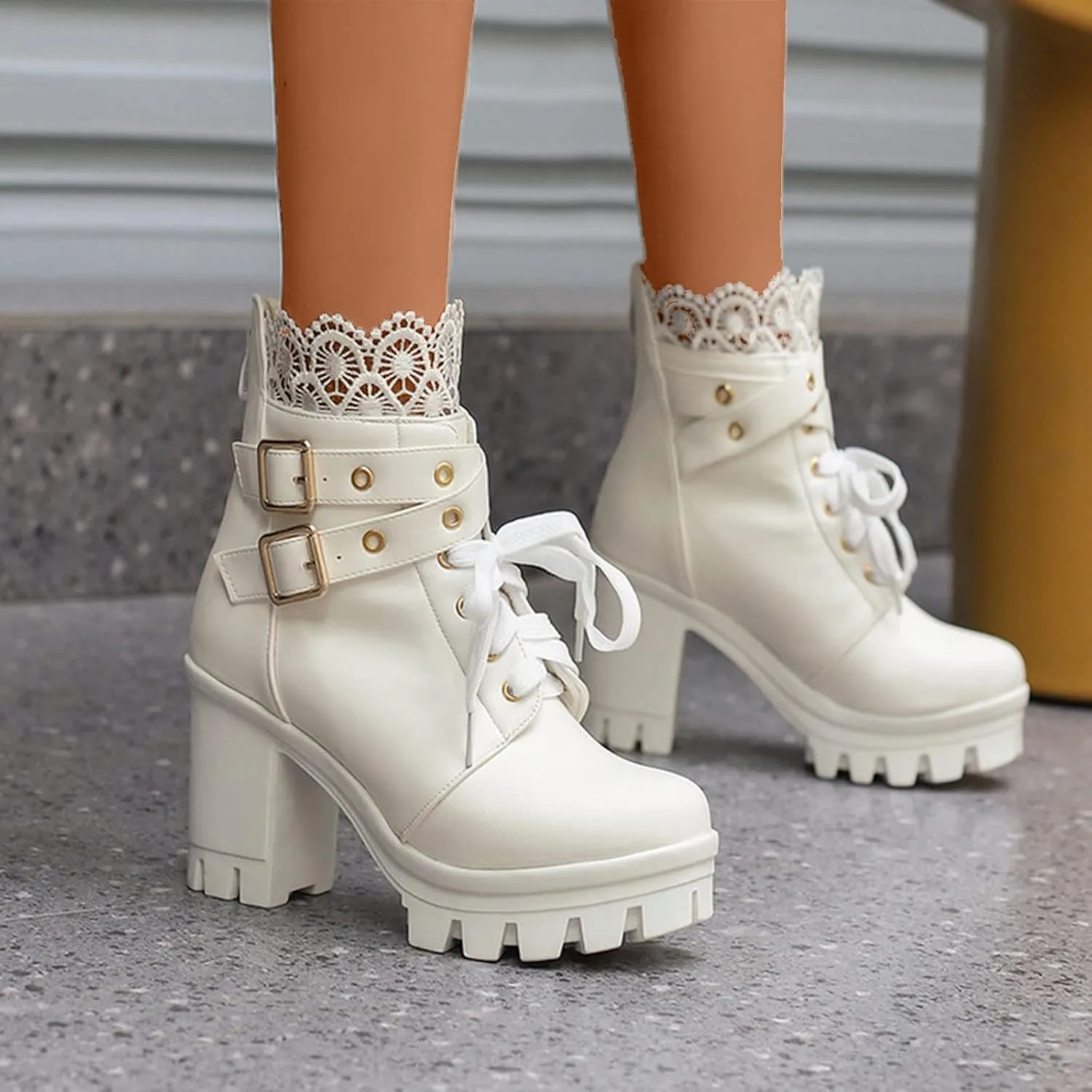 Womens Platform Boots Black Chunky Heel Ankle Booties Lace Buckle Combat Boots with Zipper High Heel Goth Shoes