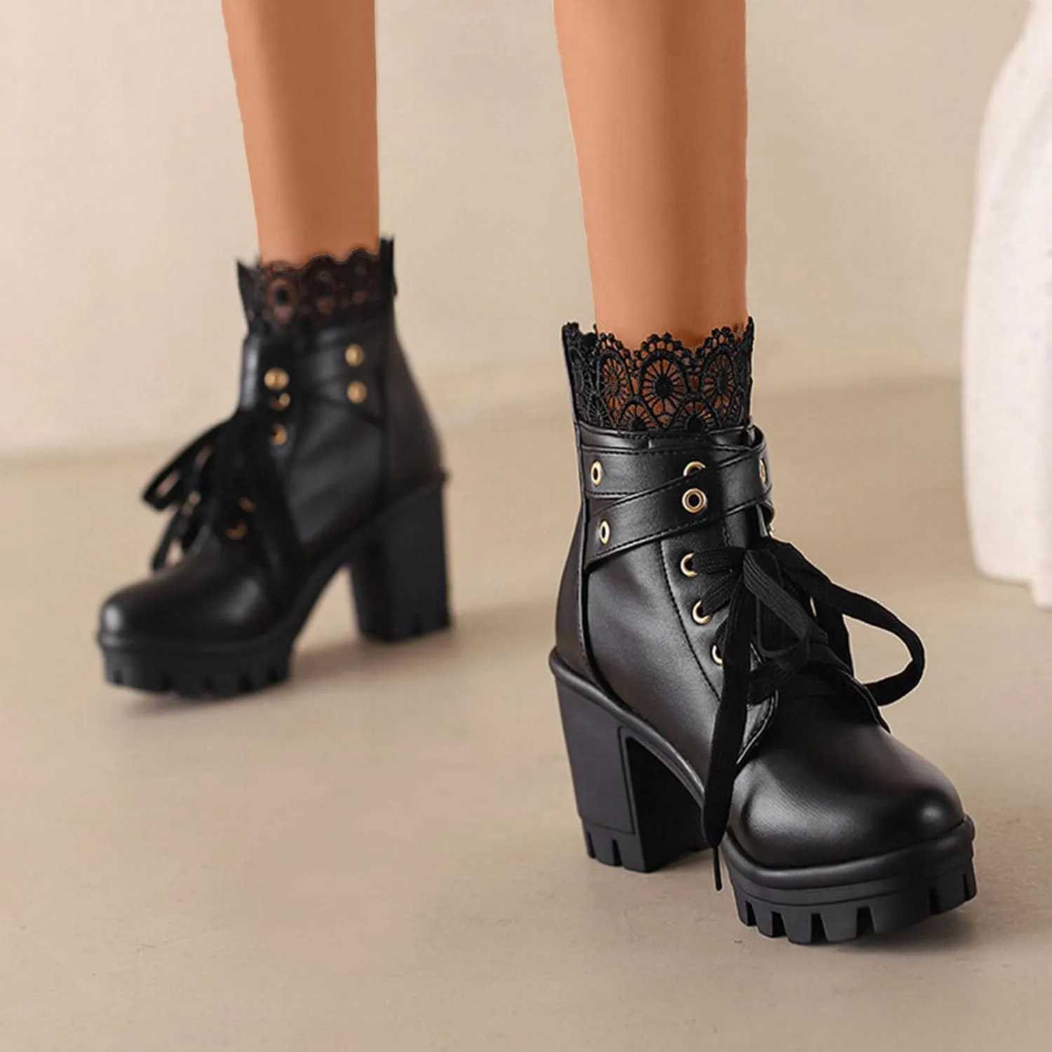 Womens Platform Boots Black Chunky Heel Ankle Booties Lace Buckle Combat Boots with Zipper High Heel Goth Shoes