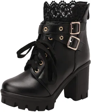 Womens Platform Boots Black Chunky Heel Ankle Booties Lace Buckle Combat Boots with Zipper High Heel Goth Shoes