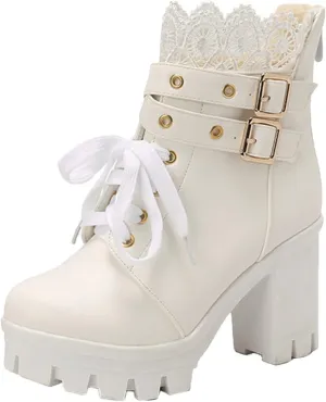 Womens Platform Boots Black Chunky Heel Ankle Booties Lace Buckle Combat Boots with Zipper High Heel Goth Shoes