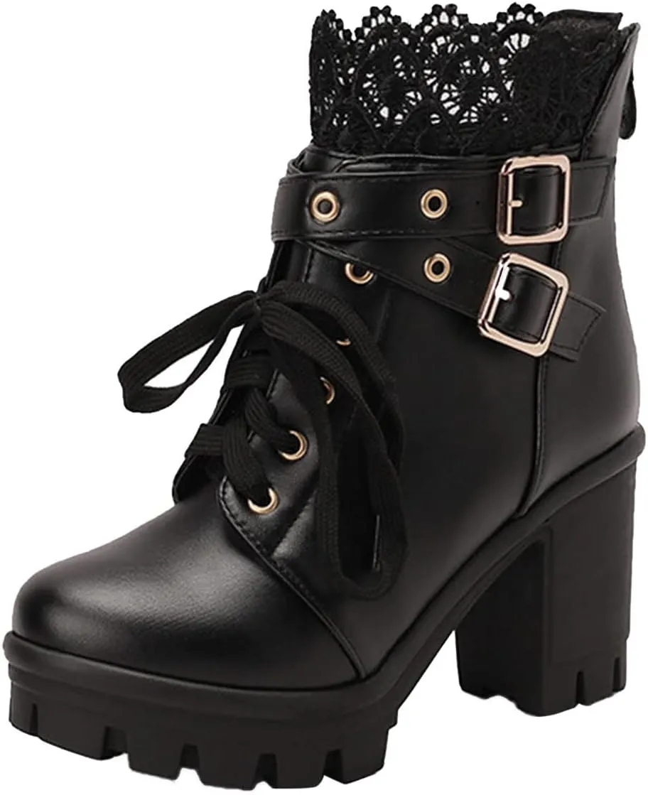 Womens Platform Boots Black Chunky Heel Ankle Booties Lace Buckle Combat Boots with Zipper High Heel Goth Shoes