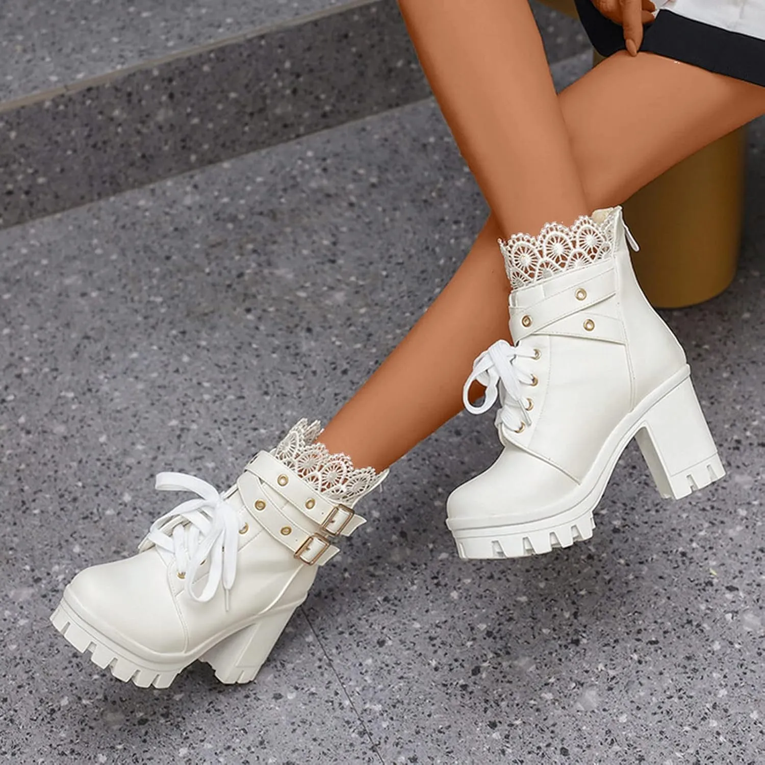 Womens Platform Boots Black Chunky Heel Ankle Booties Lace Buckle Combat Boots with Zipper High Heel Goth Shoes