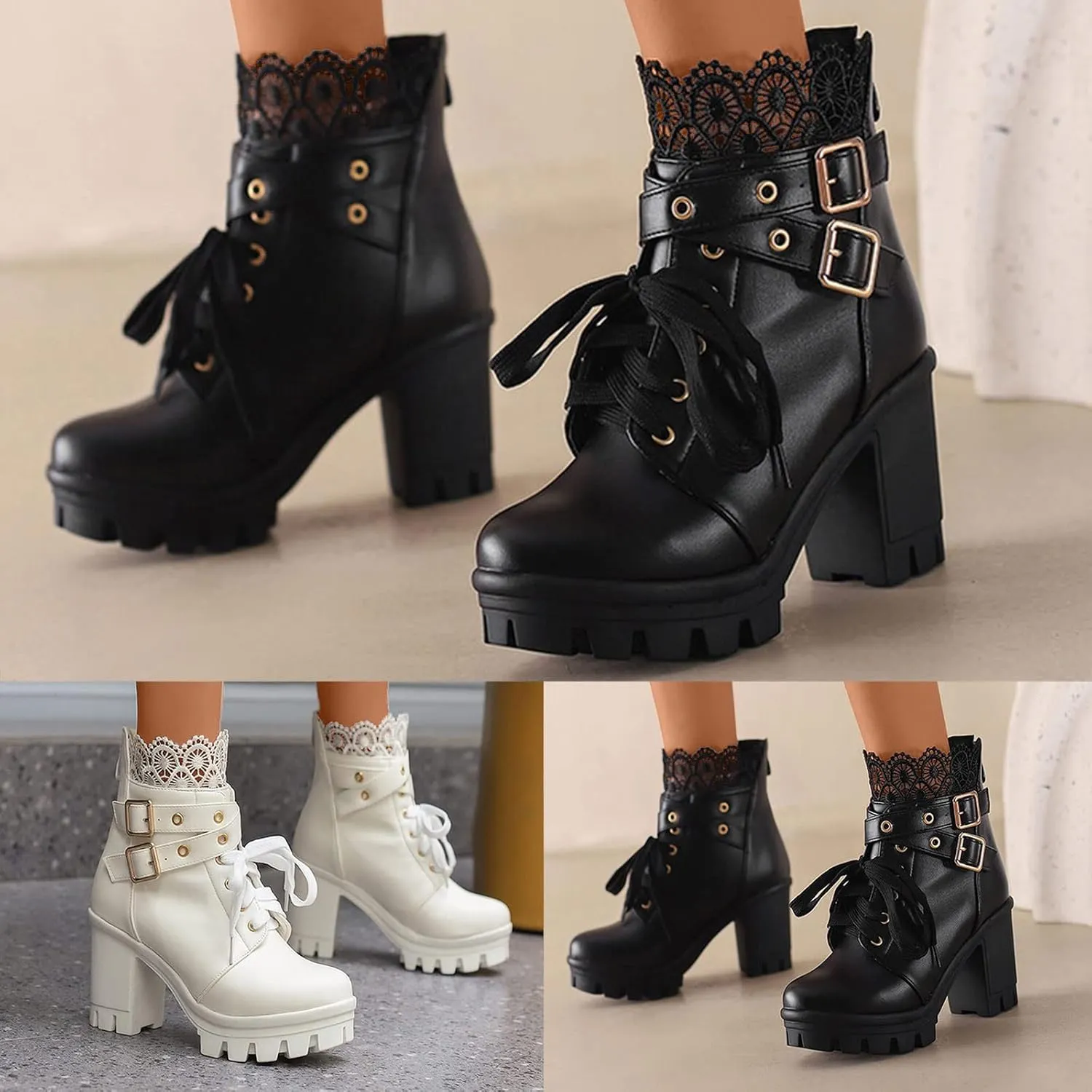 Womens Platform Boots Black Chunky Heel Ankle Booties Lace Buckle Combat Boots with Zipper High Heel Goth Shoes