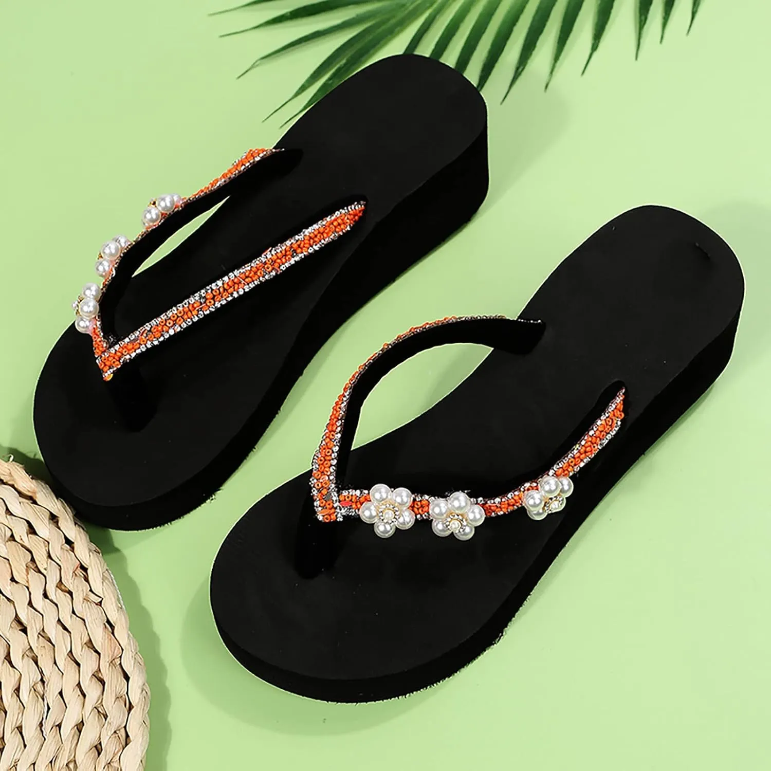 Women's Platform Flip Flops Comfortable Wedge Sandals for Wide Feet Boho Pearl Fashion Flip Flops Non-Slip Indoor/Outdoor Lightweight Pool Shoes
