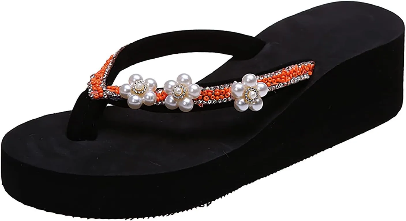 Women's Platform Flip Flops Comfortable Wedge Sandals for Wide Feet Boho Pearl Fashion Flip Flops Non-Slip Indoor/Outdoor Lightweight Pool Shoes