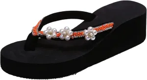 Women's Platform Flip Flops Comfortable Wedge Sandals for Wide Feet Boho Pearl Fashion Flip Flops Non-Slip Indoor/Outdoor Lightweight Pool Shoes
