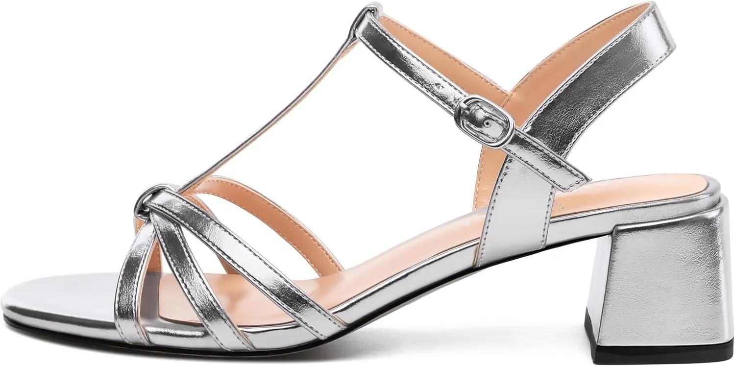 Womens Sandals, Open Toe Low Block Heel T-strap Sandals for Women, Round Peep Toe Ankle Strap Sandals with Buckle, Comfort Women Sandals 2"