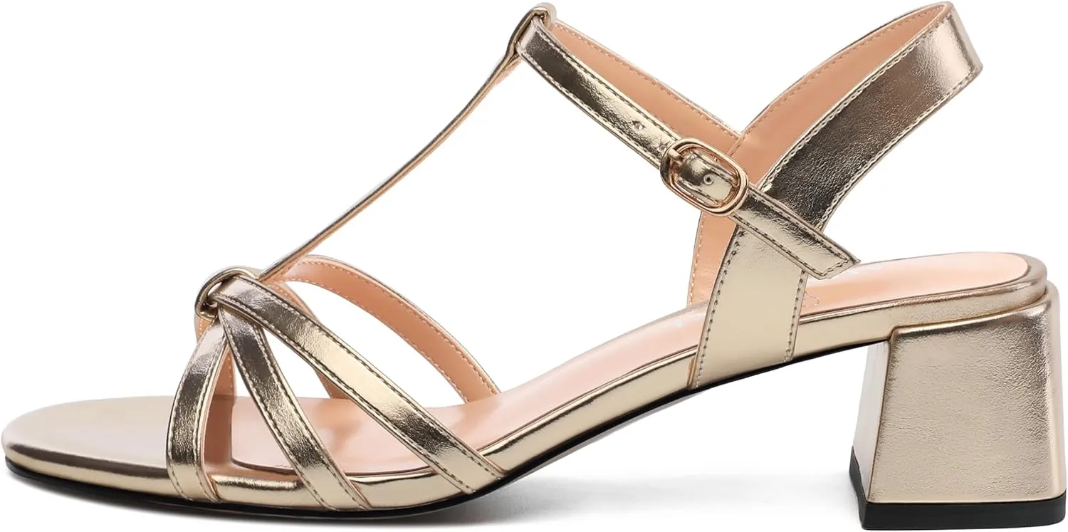 Womens Sandals, Open Toe Low Block Heel T-strap Sandals for Women, Round Peep Toe Ankle Strap Sandals with Buckle, Comfort Women Sandals 2"