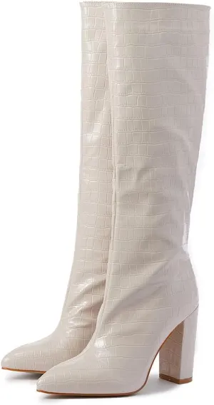 Women's Solid Slouch Block Heel Pointed Toe Over The Knee Boots